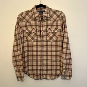 RALPH LAUREN Vtg Cotton Twill Plaid Glass Snap Western Slim Work Shirt, Tan- 2